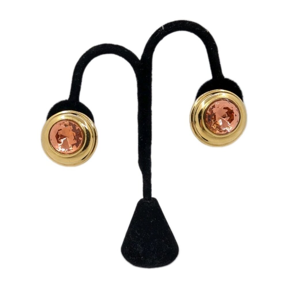 Vtg Monet Clip on EarringsPeach /pink Crystal Round  Gold Tone Runway style READ